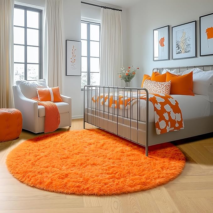 Amdrebio Orange Round Circle Rug 4Ft for Bedroom Living Room, Fluffy Fuzzy Area Rugs for Kids Room Decor Aesthetic, Cute Furry Plush Shag Carpet for Toddler Teen Girls Boys Baby Nursery Dorm Playroom