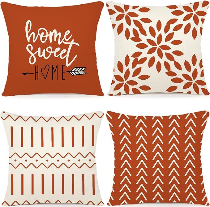 YCOLL Fall Pillow Covers 18x18 Set of 4, Modern Sofa Throw Pillow Cover for Fall Decor, Decorative Outdoor Linen Fabric Pillow Case for Couch Bed Car, Burnt Orange