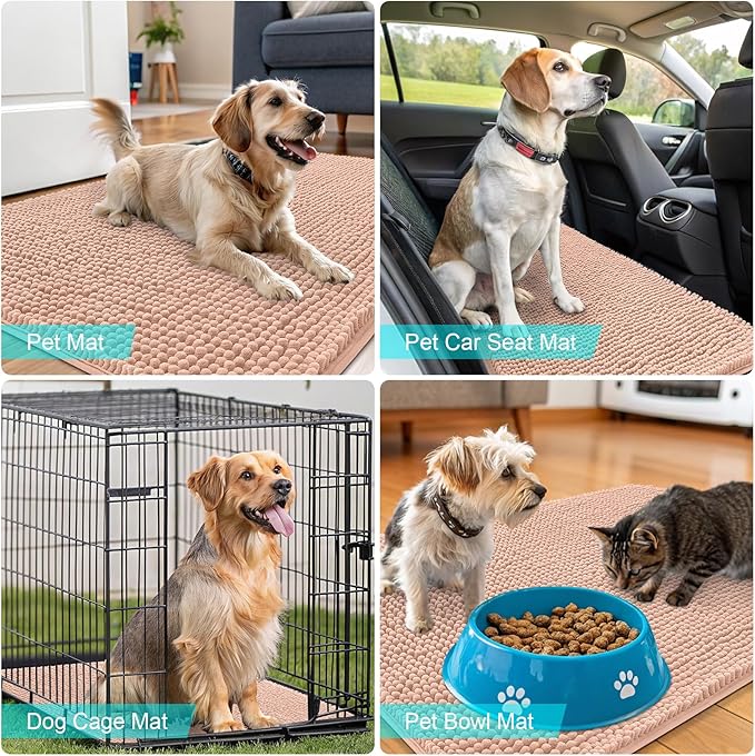 OLANLY Dog Door Mat for Muddy Paws 47x24, Absorbs Moisture and Dirt, Absorbent Non-Slip Washable Doormat, Quick Dry Chenille Mud Mat for Dogs, Entry Indoor Entryway Carpet for Inside Floor, Peach