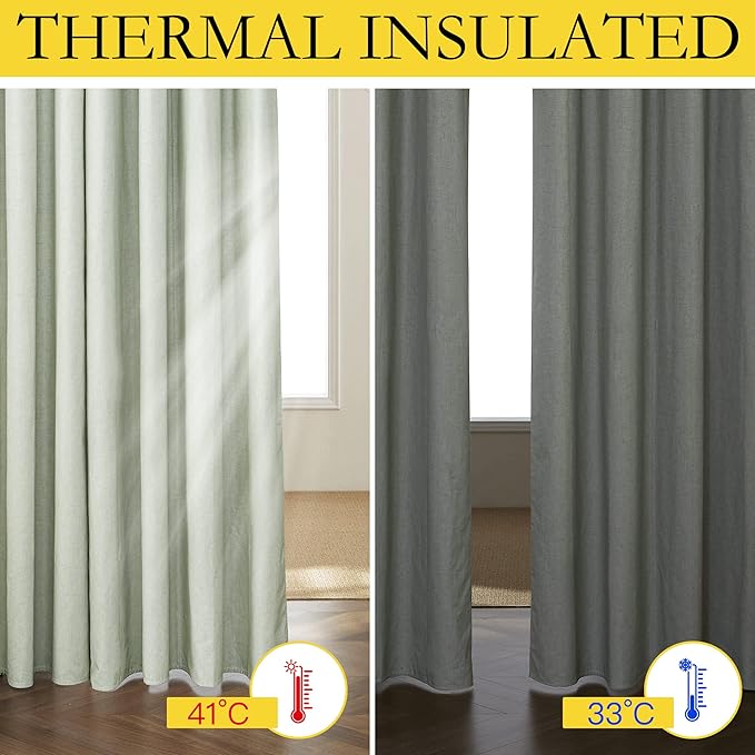 NICETOWN Sage Green 100% Blackout Linen Texture Curtains 70 inches Long 2 Panels for Boy's Room, Thermal Insulated Full Blackout 2-Layer Lined Drapes, Energy Efficiency Window Draperies