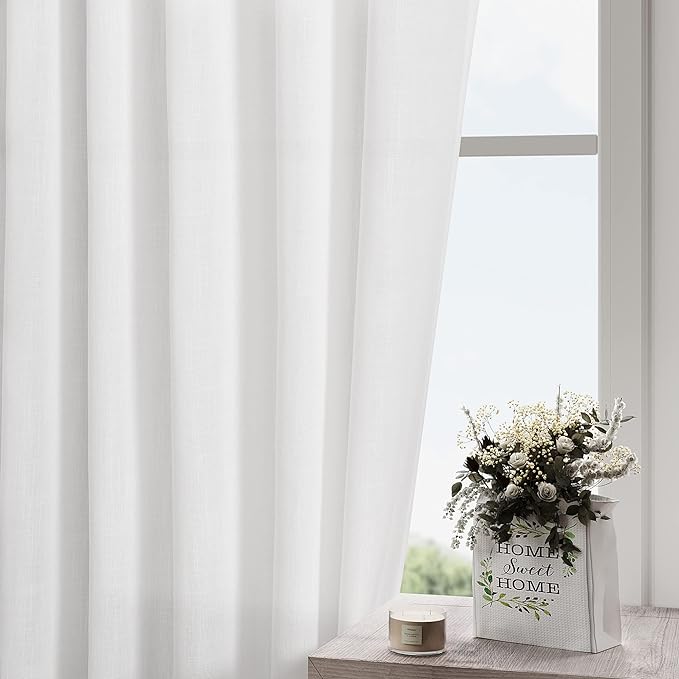 Nanspring White Extra Long Curtains 2 Panels Set 128 Inches Long for Dinning Room Back Tab Rod Pocket Light Filtering Semi Sheer Drapes Linen Textured Window Curtain for Bedroom 52x128