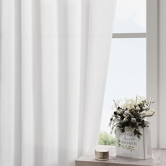 Nanspring White Linen Curtains for Living Room Extra Long Back Tab Curtains 125 Inches Long Farmhouse Light Filtering Semi Sheer Linen Drapes Ceiling to Floor for Large Window 2 Panels Set 52x125