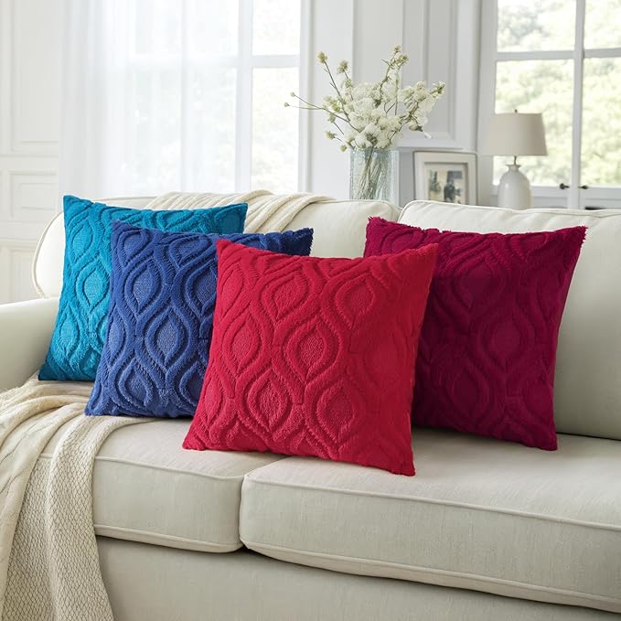 decorUhome Summer Throw Pillow Covers 18x18 Inch Set of 2, Soft Plush Faux Wool Turquoise Solid Couch Pillow Covers, Accent Farmhouse Neutral Square Pillow Cases for Sofa Bed Living Room