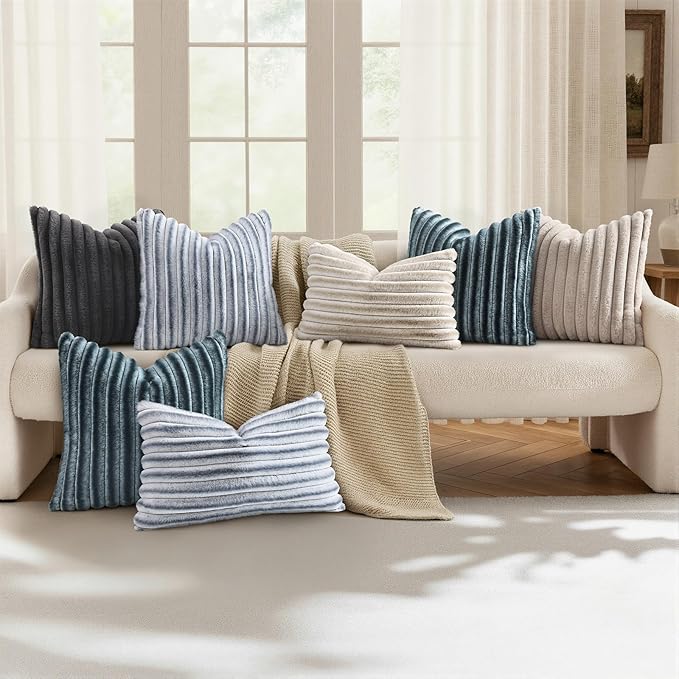decorUhome Cozy Faux Fur Throw Pillow Covers 20x20 Set of 2 Decorative Soft Plush Striped Modern Farmhouse Boho Couch Pillow Cases with Velvet Back for Sofa Bed Living Room, Grey White