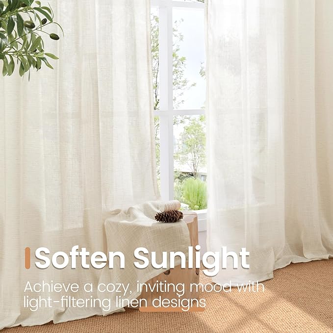 BGment Linen Curtains 102 Inches Long for Living Room, Semi Sheer Light Beige Window Drapes for Bedroom Farmhosue Decor Floor Length with Rod Pocket Leightweight, 2 Panels Set, Each 52 Inch Wide