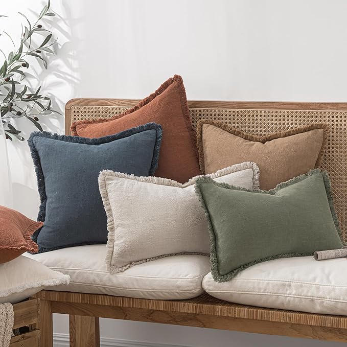 MIULEE Decorative Throw Pillow Covers Neutral Linen Fringe Throw Pillows Set of 2 Indigo Blue Boho Farmhouse Cushion Covers Coastal Decor for Couch Sofa Bed Living Room Spring Decor 18x18 Inch