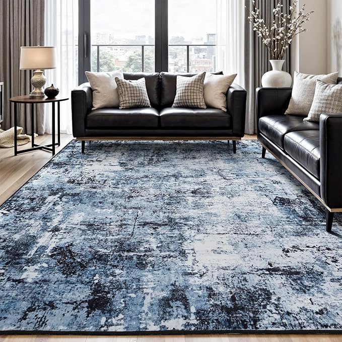 Rugflix 6x9 Area Rugs for Living Room, Washable Large Rug Stain-Resistant Low Pile, Modern Dark Carpet for Dining Room Home Office Kid Room Nursery Bedroom, Navy Blue/Black