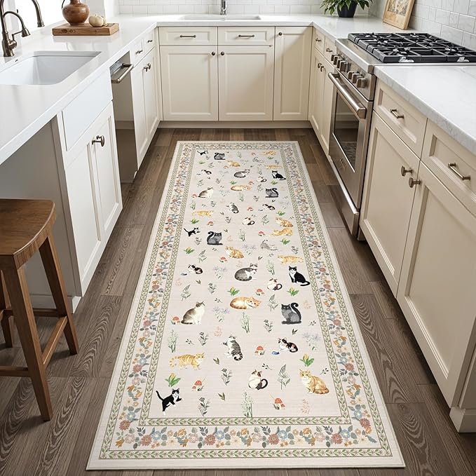 2x6 Washable Kitchen Runner Rug - Soft Low Pile Floral Animal Cat Print Rugs with Non-Slip Backing Waterproof Stain-Resistant Indoor Carpet for Hallway Entryway Bathroom Bedroom (Light Beige)