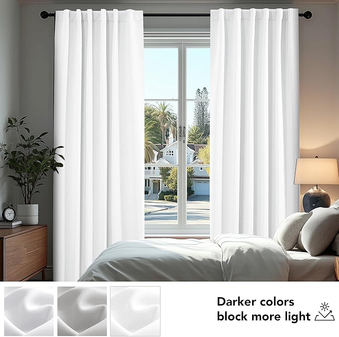Deconovo Semi 50% Light Blocking Pure White Curtains - Solid Back Tab and Rod Pocket Room Darkening Curtains for Kids' Bedroom, 42x63 Inch, 2 Panels, Adult