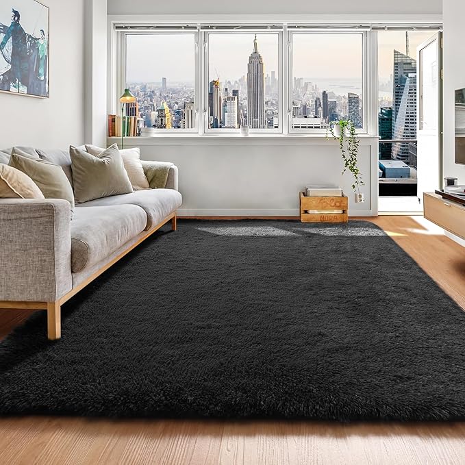 ONASAR Black Area Rugs for Bedroom Living Room, Fluffy Fuzzy Shaggy 4x6 Bedside Rug, Soft Plush Modern Indoor Floor Carpet for Nursery Kids Girls Boys Teen Dorm Home Office Decor Aesthetic