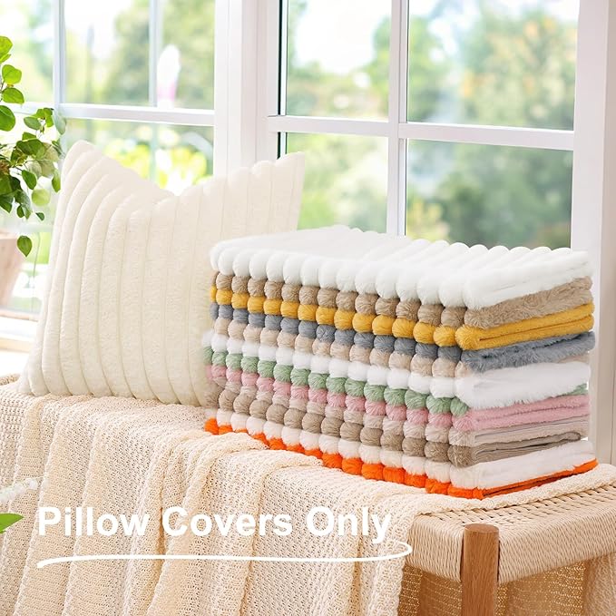 decorUhome Cozy Faux Fur Throw Pillow Covers 24x24 Set of 2 Decorative Soft Plush Striped Modern Farmhouse Boho Couch Euro Sham Pillow Cases with Velvet Back for Sofa Bed Living Room, Blue