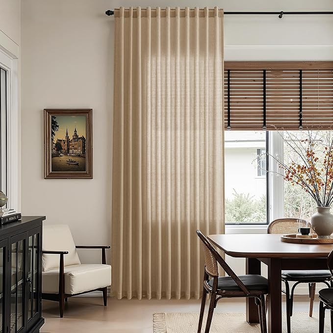 Sand Beige Linen Curtains for Living Room 100 Inches Long Simple Modern Light Filtering Semi Sheer Curtain Back Tab Rustic Farmhouse Luxury Home Decor Drapes for Bedroom Dinner Room 52x100, 2 Panels