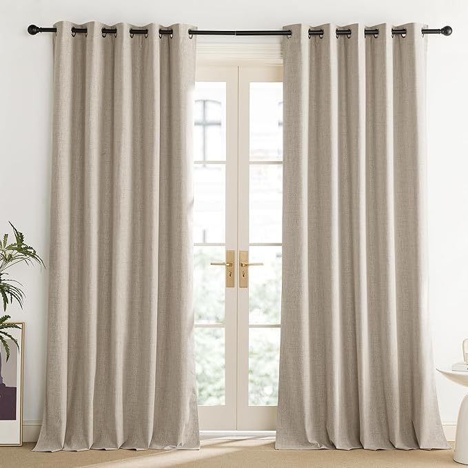 NICETOWN Oatmeal Vintage Open Linen Weave Flax Thermal Curtains, 100% Blackout Curtains 108" Long for Dining Room, Soundproof Window Treatment Drapes for Home Office, 62" Wide Per Panel, Set of 2