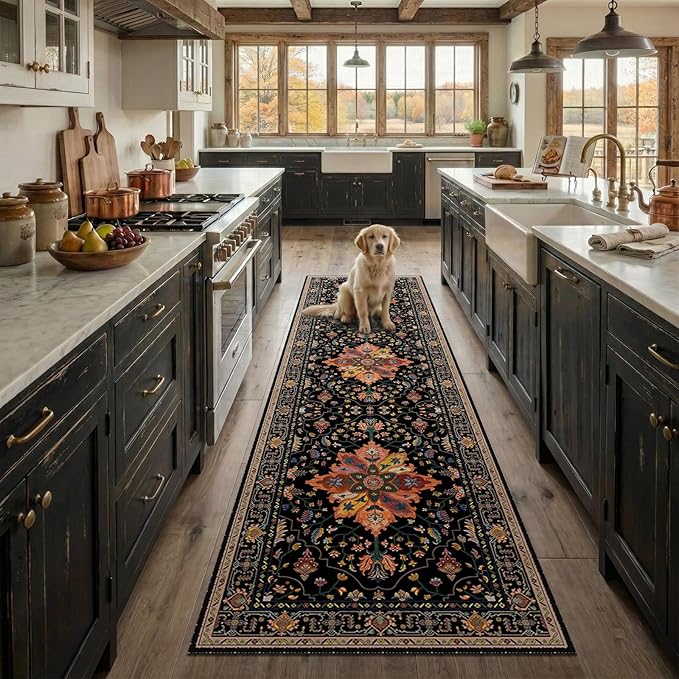 RELEANY Area Rugs 2'6''x8' Runner Rug Non Slip Washable for Kitchen Hallway Bedroom Beside Laundry Room Bathroom Rug, Floor Carpet, Black Colorful Floral Dark Tan