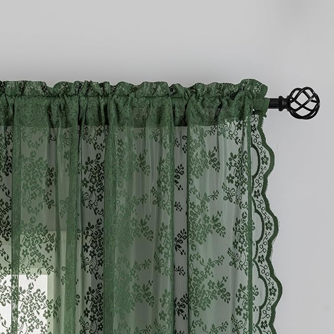 YJ YANJUN Vintage Lace Curtains 84 Inches Long- Country Olive Green Boho Sheer Curtains for Living Room Bedroom Scalloped Light Filtering Christmas Décor 2 Panels Set W52 X L84 Dark Forest