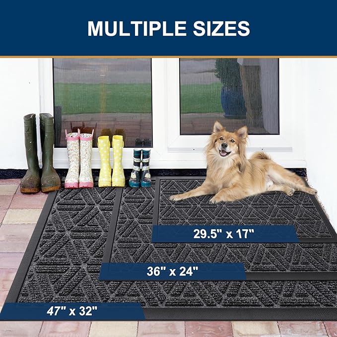 Smiry Front Door Mat Outside Entrance, Heavy Duty Sturdy Natural Rubber Doormat, Trap Dirt and Moisture, Easy Clean Low Profile Mats for Indoor Outdoor Entry, Grid Geometric (59x23, Grey)