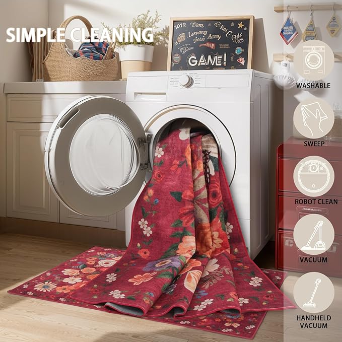 Rug for Hallways Kitchen Rug 3x7, Non Slip Washable Rugs with Rubber Backing Soft Floral Carpet Runner for Hallways, Kitchen, Laundry, Bedroom, Bathroom(3 x 7, Red Garden)