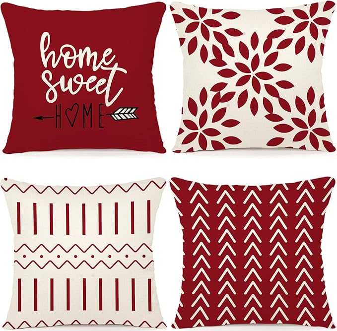YCOLL Christmas Pillow Covers 16x16 Set of 4, Modern Sofa Throw Pillow Cover for Christmas Decor, Decorative Outdoor Linen Fabric Pillow Case for Couch Bed Car, Red