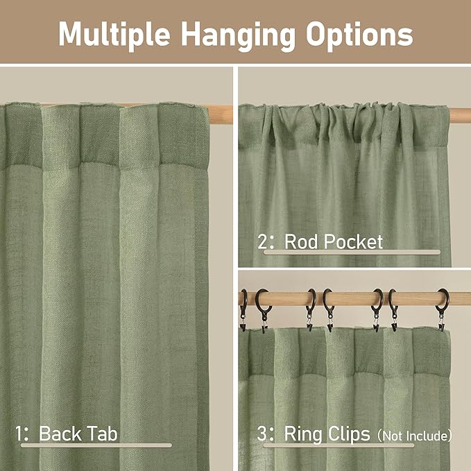 LAMIT Sage Green Linen Curtains 48 Inch Length 2 Panels, Light Filtering Panels Back Tab and Rod Pocket Neutral Drapes for Kitchen/Window/Loft Room, 34 x 48 Inch
