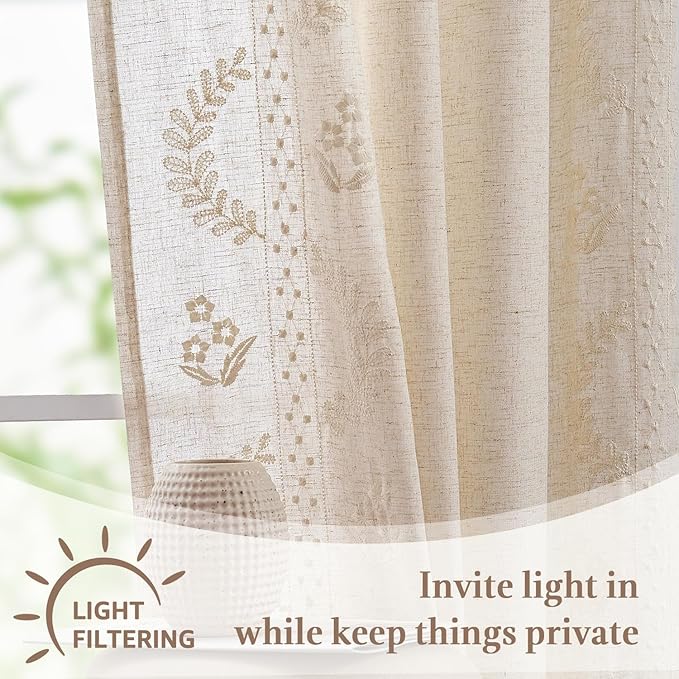 jinchan Belrose Linen Floral Cafe Curtains 54 Inch Length Embroidered Farmhouse Curtains for Kitchen Bedroom Bathroom Small Windows Curtain Set Light Filtering 2 Panels Ivory