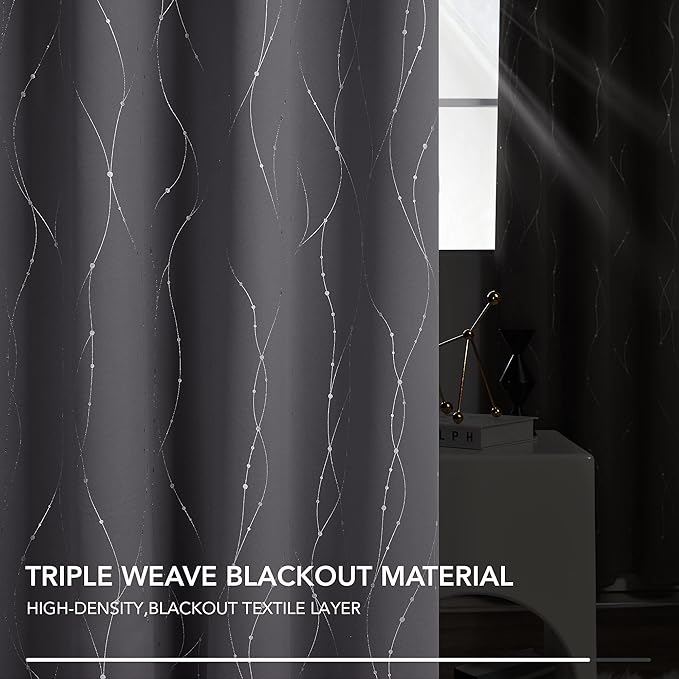 Deconovo Gray Curtains for Living Room, Blackout Drapes, Protect Pravicy Thermal Insulated Soundproof Window Drape, Wave Dots Foil Print, 42 x 72 Inch, Set of 2 Panels for Bedroom Classroom Office