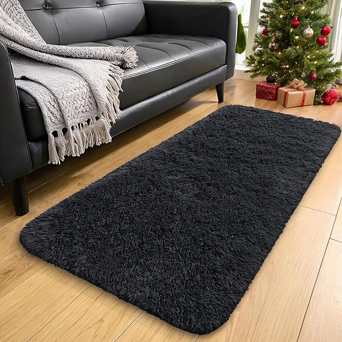 OLANLY 2x9 Machine Washable Runner Rugs for Hallway, Soft Fluffy Shaggy Bedside Rugs for Bedroom, Living Room, Indoor Floor Carpet for Kids Girls and Boys, Nursery Rooms, Home Decor Aesthetic, Black