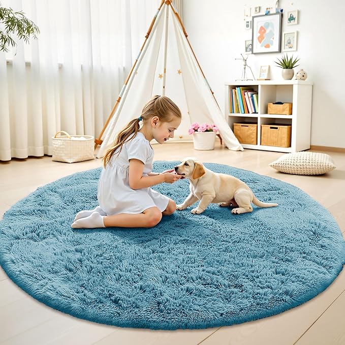 OLANLY Slate Blue Round Rugs for Bedroom - Machine Washable, 8 ft Circle Area Rugs for Living Room, Soft and Fluffy Shaggy Carpet for Teen Girl and Boys, Nursery Rooms, Dorms, Home Decor Aesthetic