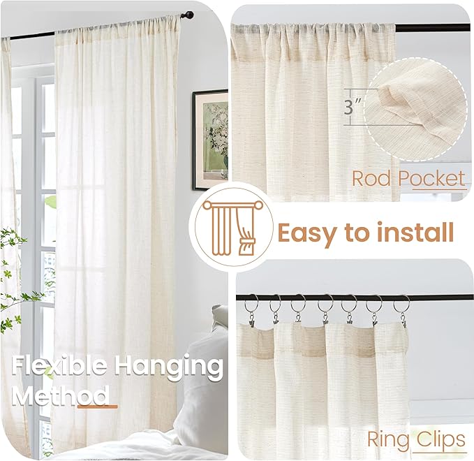 BGment Short Linen Curtains 36 Inch Length for Kitchen Window - Semi Sheer Beige Small Drapes Textured Rustic Natural Rod Pocket for Cafe Lightweight Decorative, 2 Panels, Each Panel 42 Inch Wide