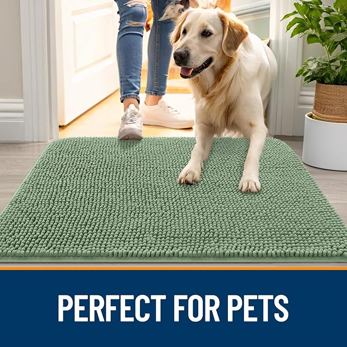 OLANLY Dog Door Mat for Muddy Paws 48x30, Absorbs Moisture and Dirt, Absorbent Non-Slip Washable Doormat, Quick Dry Chenille Mud Mat, Entry Indoor Entryway Carpet for Inside Floor, Olive Green