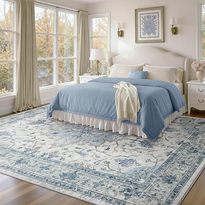Area Rugs 10'x14' Washable Non-Slip, Floral Vintage Distress Print Pattern Medallion Carpet for Living Room Bedroom Dining Room, Light Blue Navy Beige Gray White