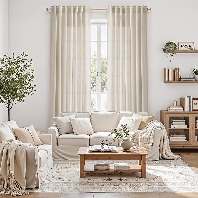 Nanspring Eclectic Home Decor Linen Curtains 96 Inches Long for Living Room Boho Luxury Light Filtering Semi Sheer Curtain Back Tab Modern Privacy Drapes for Bedroom Office 52x96, 2 Panels