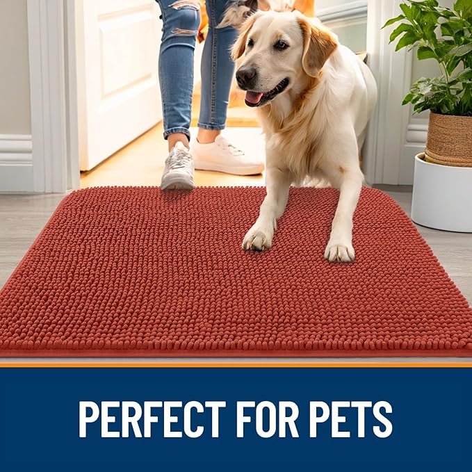 OLANLY Dog Door Mat for Muddy Paws 35x24, Absorbs Moisture and Dirt, Absorbent Non-Slip Washable Doormat, Quick Dry Chenille Mud Mat for Dogs, Entry Indoor Entryway Carpet for Inside Floor, Maple Red