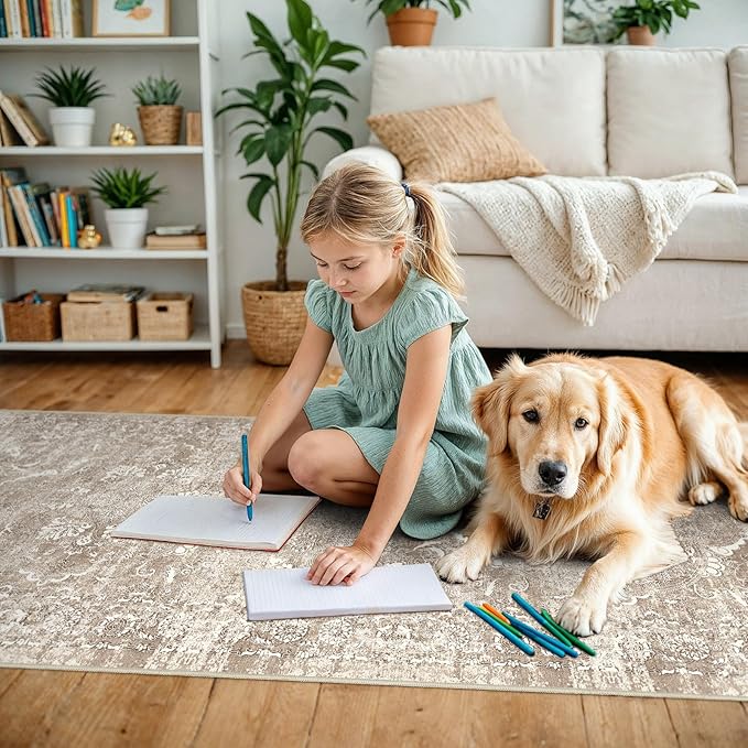 3x20 Washable Hallway Runner Rug - Non Slip Kitchen Runner Rugs with Rubber Backing Vintage Low-Pile Carpet Runners for Entryway Dining Room Laundry Room Home Decor (Beige)