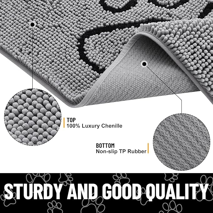 Smiry Dog Door Mat for Muddy Paws, Absorbent Dirt Trapper Non Slip Quick Dry Washable Chenille Mat for Mud Dogs, Entry Rug for Indoor and Outdoor (59x32 Inches, Grey and Black)