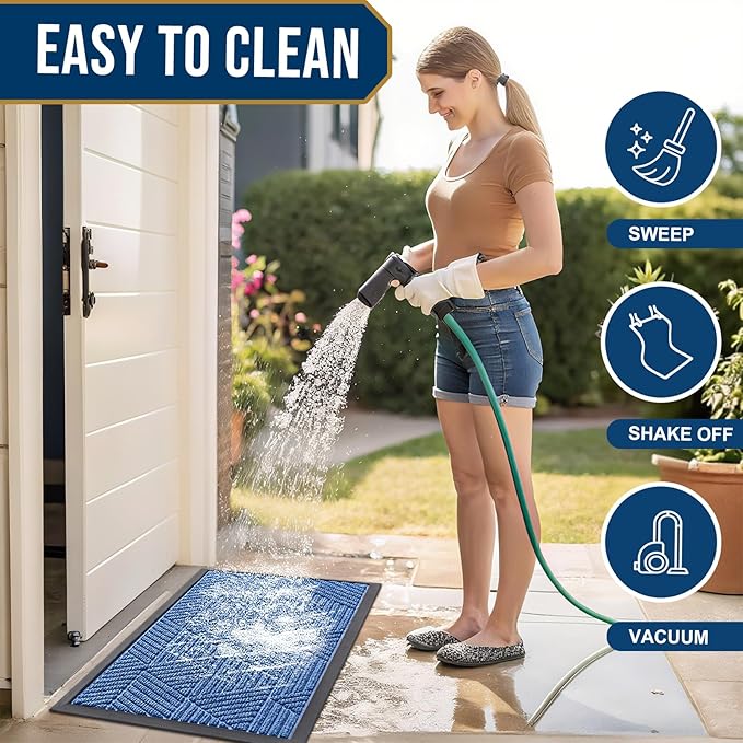 Smiry Front Door Mat Outside Entrance, Heavy Duty Sturdy Natural Rubber Doormat, Trap Dirt and Moisture, Easy Clean Low Profile Welcome Floor Mats for Indoor Outdoor Entry, 59x23 Inch, Blue