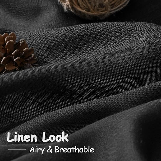Nanspring Black Linen Curtains 30 Inch Length Short Kitchen,Privacy Linen Blend Light Filtering Panels Back Tab and Rod Pocket Cafe Drapes for Half Window 26 x 30 Inch,2 Panels