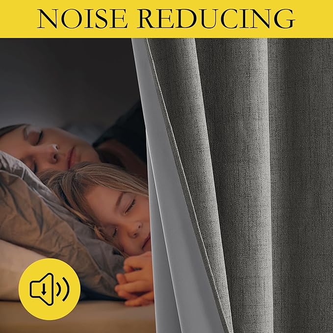 NICETOWN Grizzle Gray Vintage Linen 100% Blackout Curtains for Living Room, Thermal Insulated Curtains 90" Long, Noise Reducing Window Treatment Drapes for Home Cinema, 52" Wide Per Panel, Set of 2