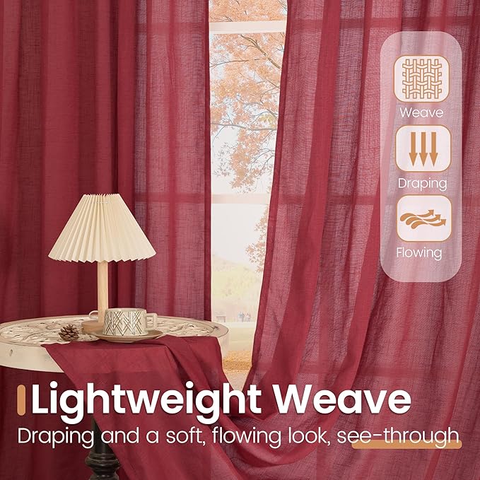 BGment Semi Sheer Burgundy Curtains for Living Room 80 Inch Length - Linen Textured Light Filtering Window Drapes with Rod Pocket for Dining Bedroom Lightweight, 2 Panels Set, 52 X 80 Inch