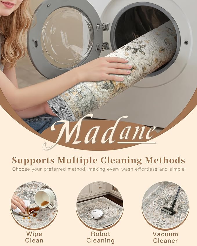 Madane Runner Rug 2'6''x8' Kitchen Runner, Hallway Runner Printed Vintage Rug 2.5x8ft Washable Rugs Soft Non-Slip Low Pile Runners for Hallways Laundry Room Rug, Light Taupe Brown
