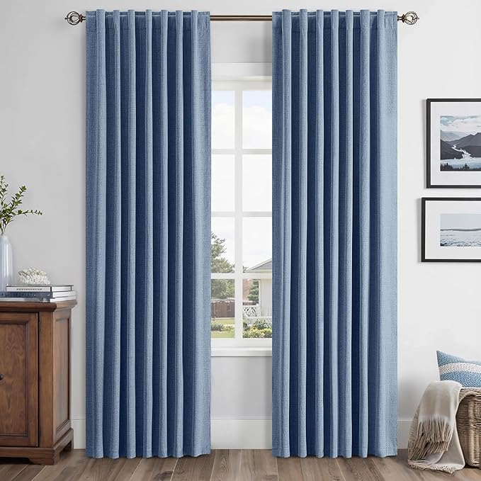MIULEE 100% Blackout Linen Curtains for Bedroom, Blue Solid Luxury Decor Thermal Insulation Room Darkening Drapes for Living Room Nursery Back Tab Rod Pocket 42 x 72 Inches, 2 Panels