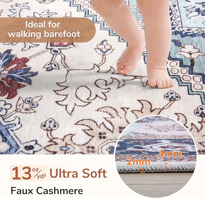 OPPODREAM Soft Area Rugs 4x6, Low-Pile Washable Rugs 4x6 with Non Slip Backing, Faux Cashmere 4 x 6 Throw Carpet, Navy Blue & Red & Cream