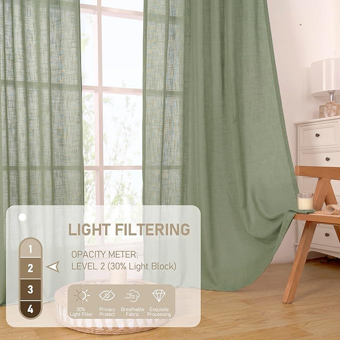 LAMIT Sage Green Linen Curtains 54 Inch Length 2 Panels, Light Filtering Panels Back Tab and Rod Pocket Neutral Drapes for Kitchen/Window/Bedroom, 52 x 54 Inch