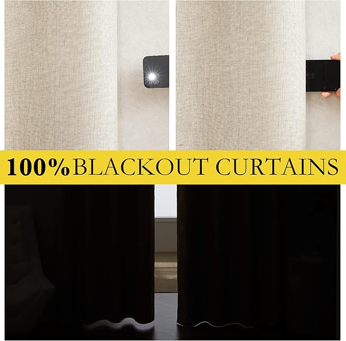 NICETOWN 100% Absolutely Blackout Linen Curtains with Thermal Insulated White Liner, Beige, 52" Wide by 48" Long, 2 Pieces, Anti-Rust Grommet Natural Burlap Fabric Window Drapes for Bedroom/Kids Room