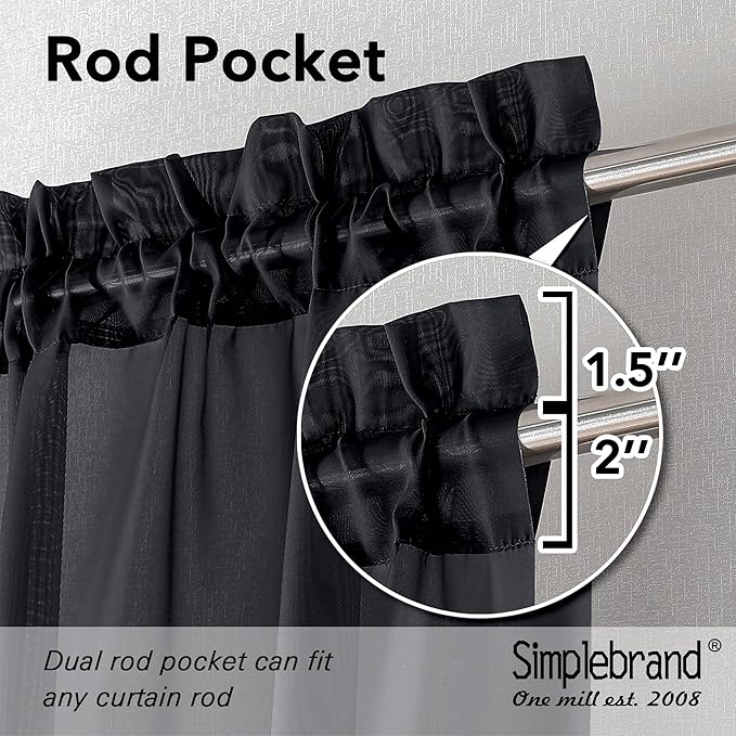 Simplebrand Rod Pocket Top Solid Voile Sheer Curtains for Bedroom, 54 Inch Length Drapes Set of 2, Lightweight and Light Filtering Elegant Black Curtains Panels Window Treatment, 42W×54L, Black