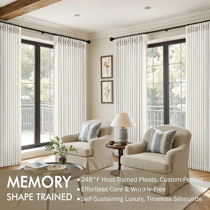 MIULEE Pinch Pleated Thick Linen Curtains 90 Inches Long 2 Panels for Living Room Bedroom, Linen Texture Memory Trained Drapes Pinch Pleat Light Filtering Neutral Ivory Cream Farmhouse Window Curtains