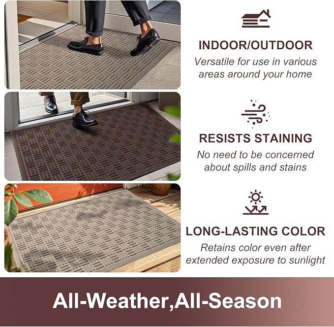 Mibao Front Door Mat Indoor Outdoor Entrance, Dirt Trapping Waterproof All-Season, All-Weather Doormat, Non-Slip Durable Natural Rubber Low Profile Easy Clean Patio Entrance Mat, 36" x 24", Coffee