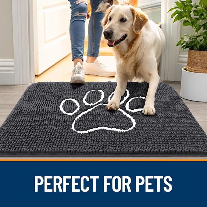 OLANLY Dog Door Mat for Muddy Paws 59x20, Paw Print Design, Absorbs Moisture and Dirt, Absorbent Non-Slip Washable Doormat, Quick Dry Chenille Mud Mat for Dogs, Entry Indoor Entryway Carpet, Dark Grey