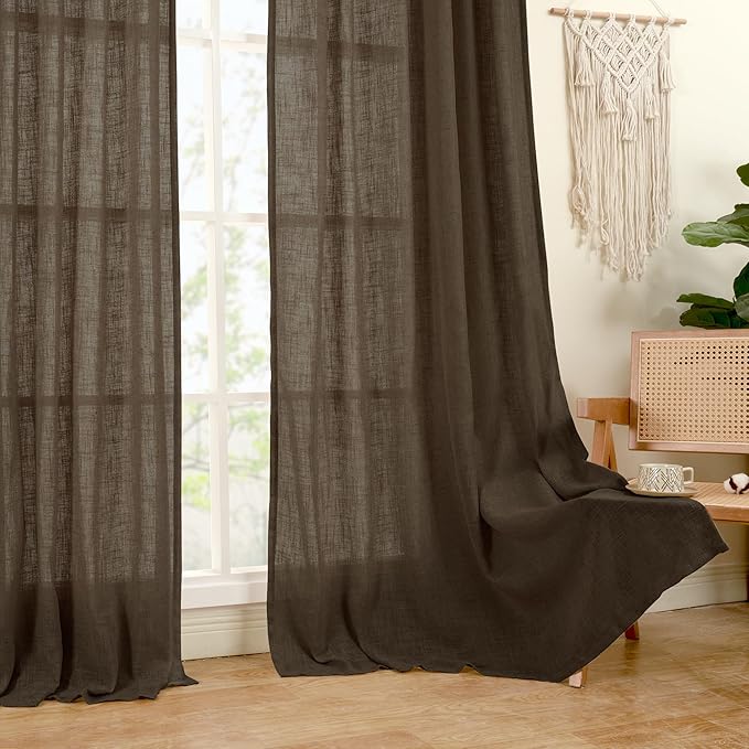 LAMIT Linen Curtains 60 Inch Length 2 Panels, Light Filtering Panels Back Tab and Rod Pocket Neutral Drapes for Bedroom/Window/Living Room, Dark Brown, 34 x 60 Inch