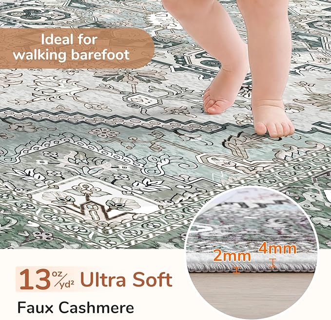 OPPODREAM Soft 6x9 Area Rugs, Washable Rug 6x9 with Non Slip Backing, Faux Cashmere Low-Pile 6 x 9 Carpet, Green
