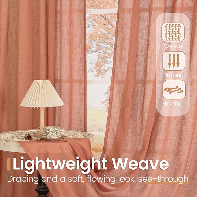 BGment Extra Long 108 Inch Length Curtains for Living Room Windows, Linen Terracotta Drapes Rustic Textured for Bedroom Decor with Rod Pocket Semi Sheer Lightweight, 2 Panels Set, Each 52 Inch Wide